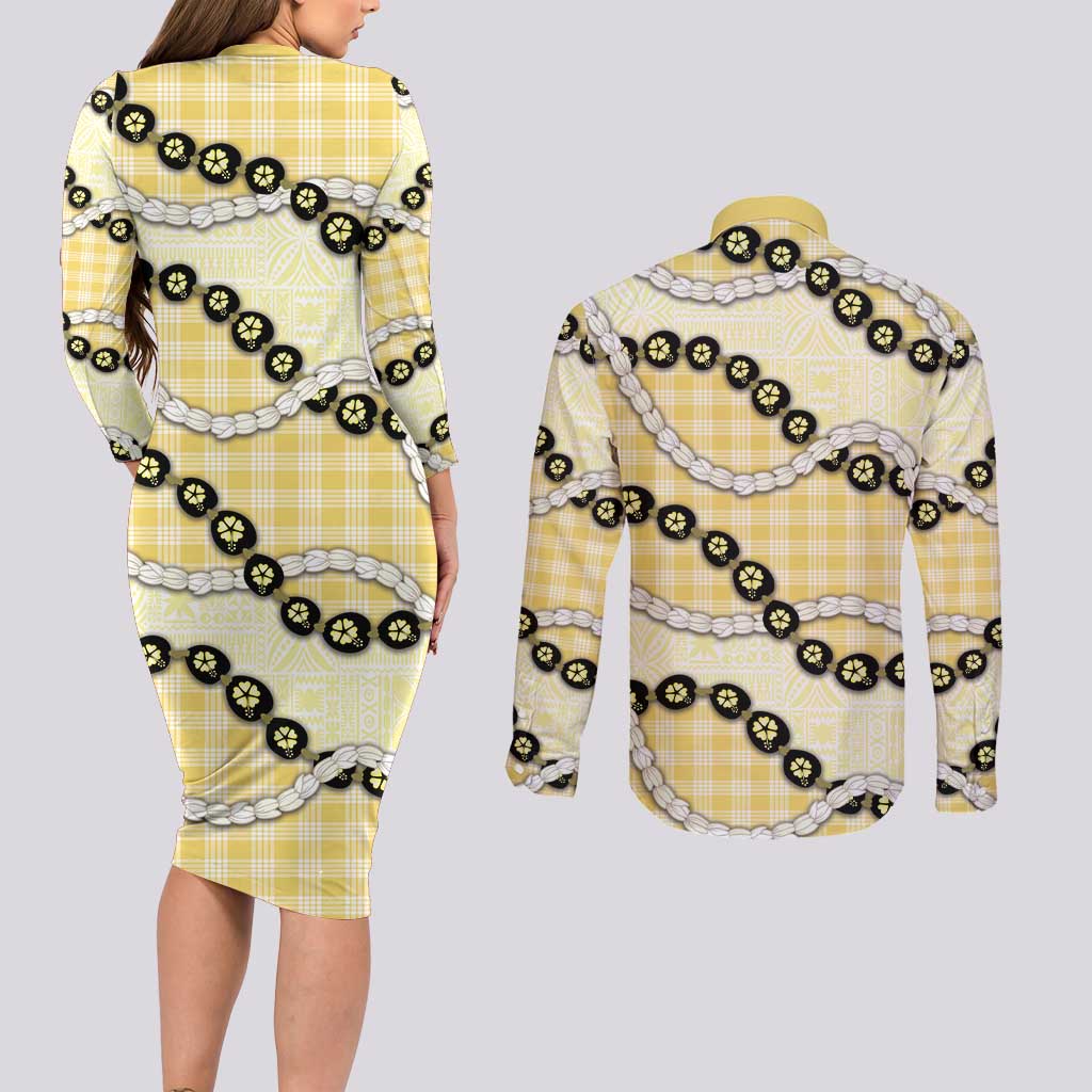 Yellow Palaka Hawaii Couples Matching Long Sleeve Bodycon Dress and Long Sleeve Button Shirt Kukui Nut Pikake Lei Hawaiian Tapa Pattern - Polynesian Pride