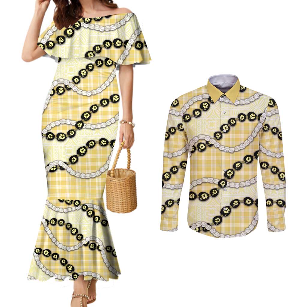 Yellow Palaka Hawaii Couples Matching Mermaid Dress and Long Sleeve Button Shirt Kukui Nut Pikake Lei Hawaiian Tapa Pattern - Polynesian Pride