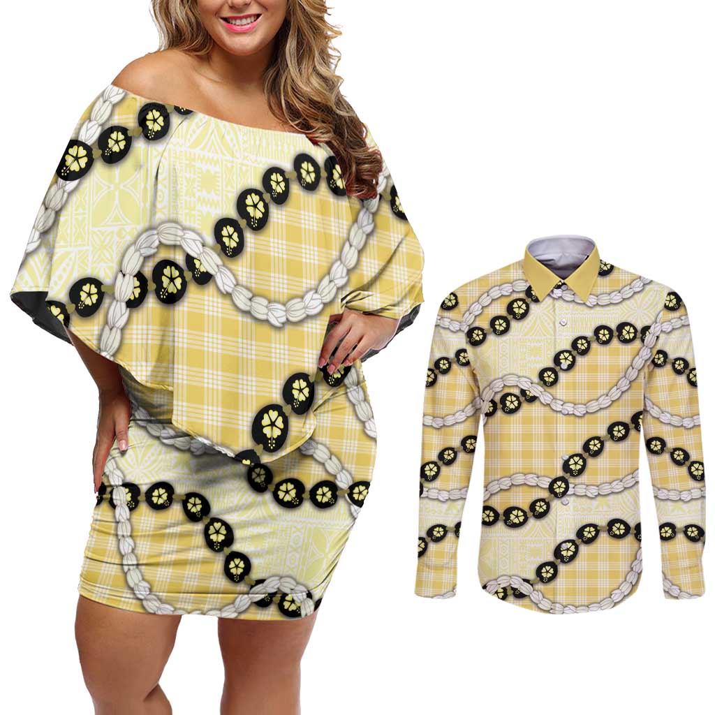 Yellow Palaka Hawaii Couples Matching Off Shoulder Short Dress and Long Sleeve Button Shirt Kukui Nut Pikake Lei Hawaiian Tapa Pattern - Polynesian Pride