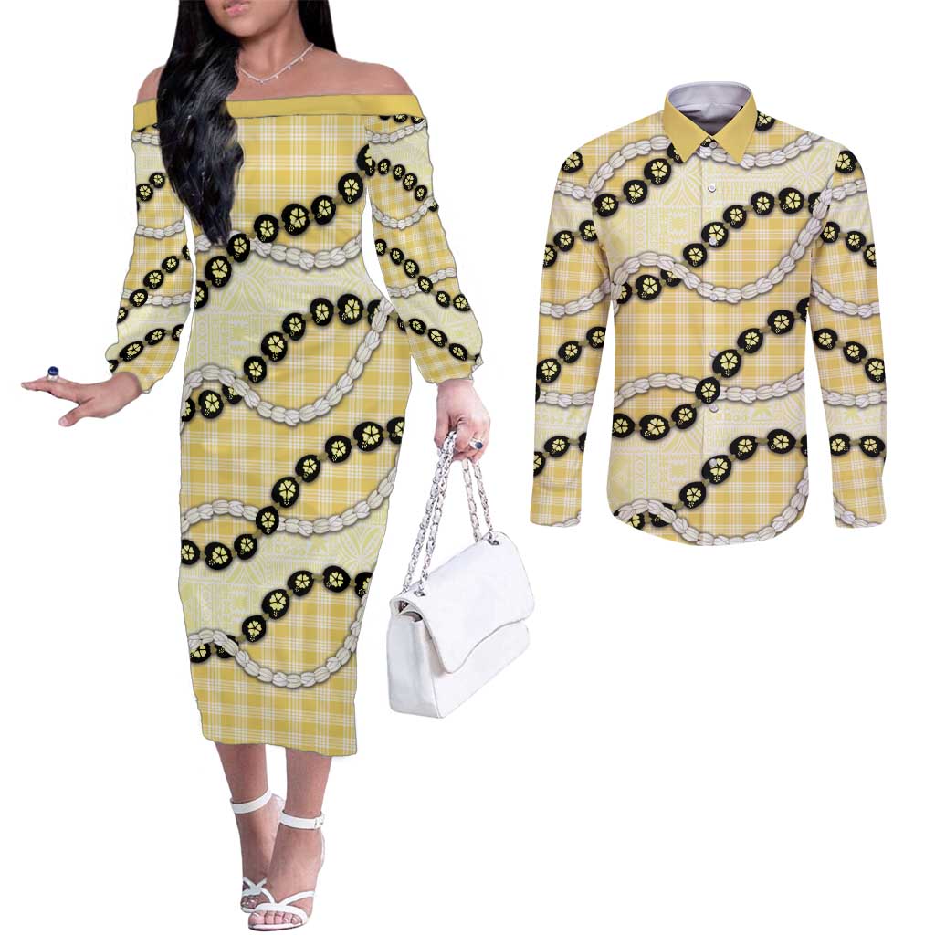 Yellow Palaka Hawaii Couples Matching Off The Shoulder Long Sleeve Dress and Long Sleeve Button Shirt Kukui Nut Pikake Lei Hawaiian Tapa Pattern - Polynesian Pride