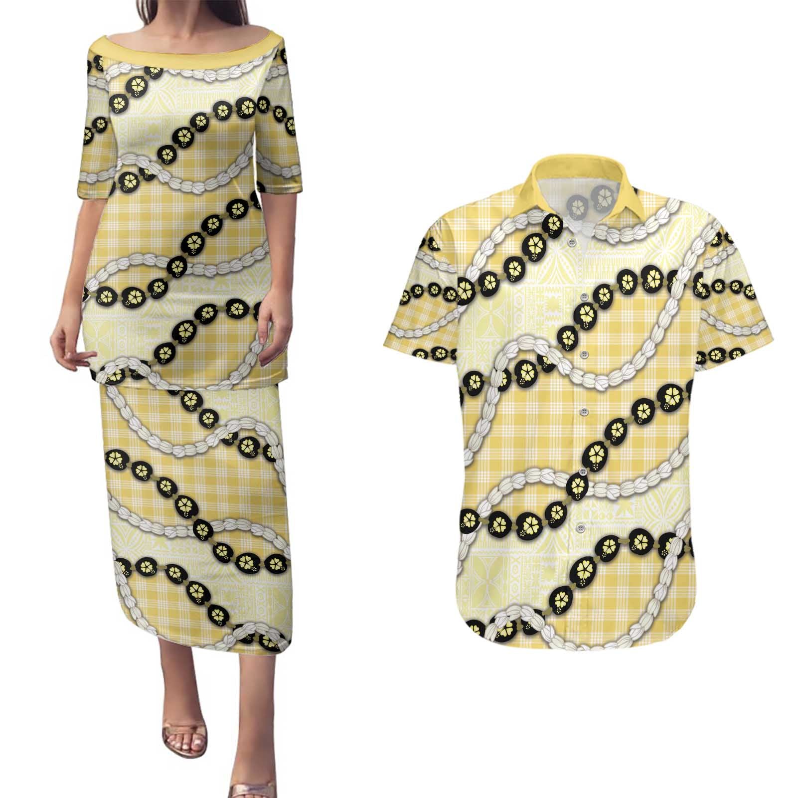 Yellow Palaka Hawaii Couples Matching Puletasi and Hawaiian Shirt Kukui Nut Pikake Lei Hawaiian Tapa Pattern - Polynesian Pride