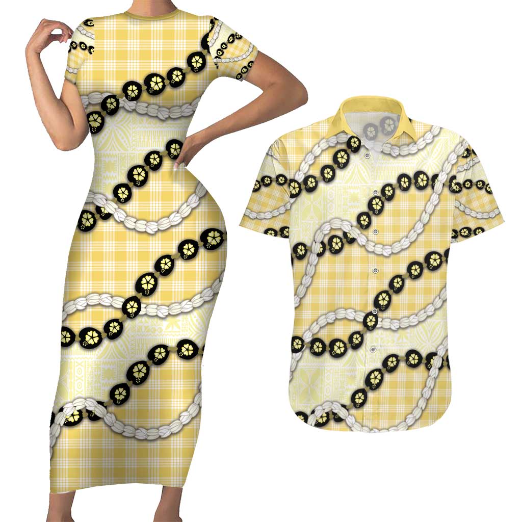 Yellow Palaka Hawaii Couples Matching Short Sleeve Bodycon Dress and Hawaiian Shirt Kukui Nut Pikake Lei Hawaiian Tapa Pattern - Polynesian Pride