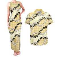 Yellow Palaka Hawaii Couples Matching Tank Maxi Dress and Hawaiian Shirt Kukui Nut Pikake Lei Hawaiian Tapa Pattern - Polynesian Pride