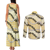 Yellow Palaka Hawaii Couples Matching Tank Maxi Dress and Long Sleeve Button Shirt Kukui Nut Pikake Lei Hawaiian Tapa Pattern - Polynesian Pride