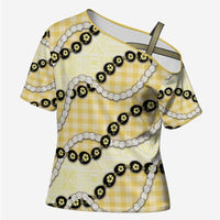 Yellow Palaka Hawaii Cross Shoulder Shirt Kukui Nut Pikake Lei Hawaiian Tapa Pattern - Polynesian Pride