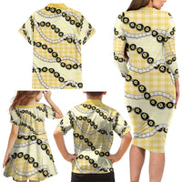 Yellow Palaka Hawaii Family Matching Long Sleeve Bodycon Dress and Hawaiian Shirt Kukui Nut Pikake Lei Hawaiian Tapa Pattern - Polynesian Pride