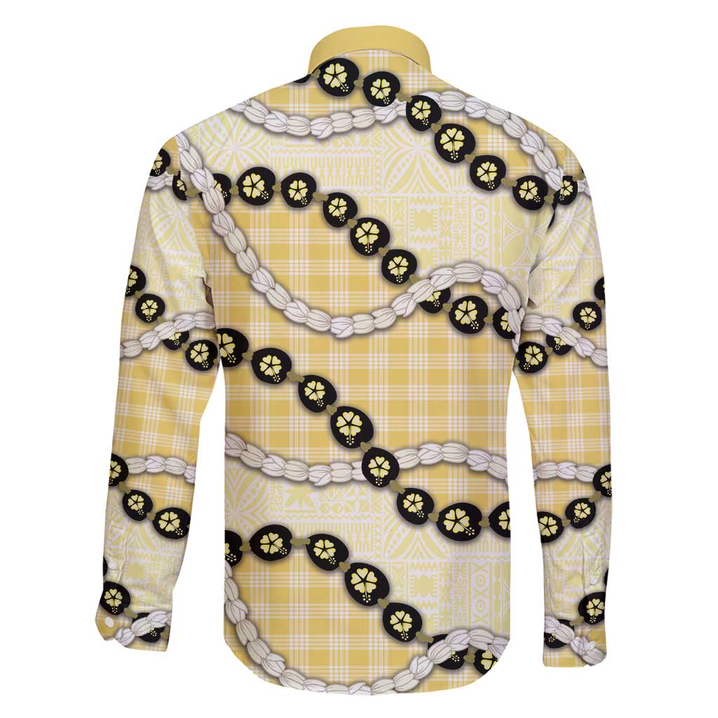 Yellow Palaka Hawaii Family Matching Long Sleeve Bodycon Dress and Hawaiian Shirt Kukui Nut Pikake Lei Hawaiian Tapa Pattern - Polynesian Pride