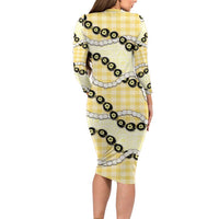 Yellow Palaka Hawaii Family Matching Long Sleeve Bodycon Dress and Hawaiian Shirt Kukui Nut Pikake Lei Hawaiian Tapa Pattern - Polynesian Pride