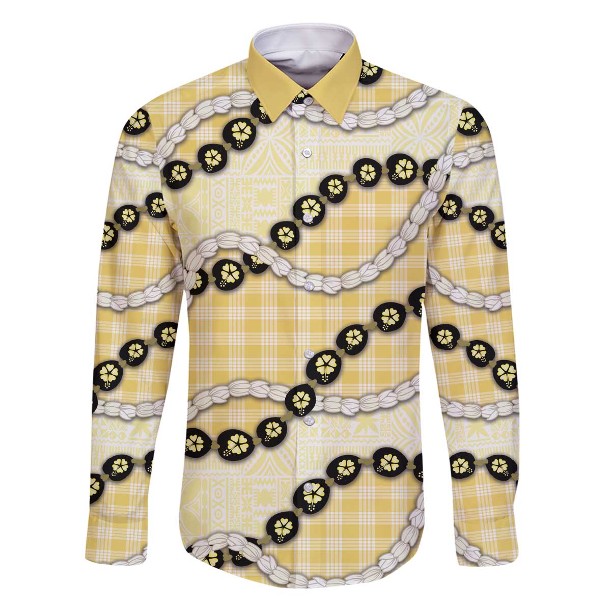 Yellow Palaka Hawaii Family Matching Off The Shoulder Long Sleeve Dress and Hawaiian Shirt Kukui Nut Pikake Lei Hawaiian Tapa Pattern - Polynesian Pride