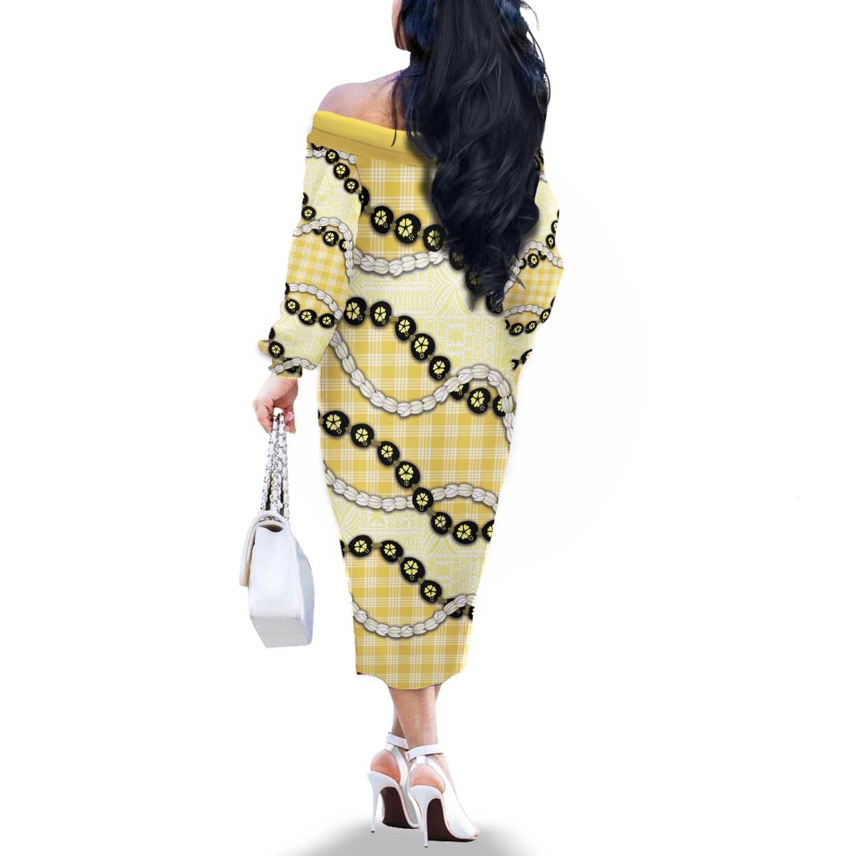 Yellow Palaka Hawaii Family Matching Off The Shoulder Long Sleeve Dress and Hawaiian Shirt Kukui Nut Pikake Lei Hawaiian Tapa Pattern - Polynesian Pride