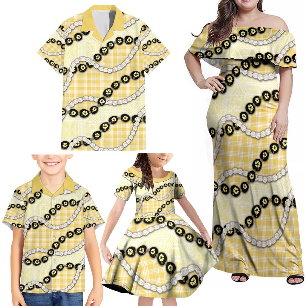 Yellow Palaka Hawaii Family Matching Off Shoulder Maxi Dress and Hawaiian Shirt Kukui Nut Pikake Lei Hawaiian Tapa Pattern - Polynesian Pride