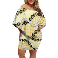 Yellow Palaka Hawaii Family Matching Off Shoulder Short Dress and Hawaiian Shirt Kukui Nut Pikake Lei Hawaiian Tapa Pattern - Polynesian Pride