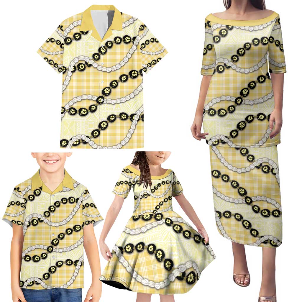 Yellow Palaka Hawaii Family Matching Puletasi and Hawaiian Shirt Kukui Nut Pikake Lei Hawaiian Tapa Pattern - Polynesian Pride