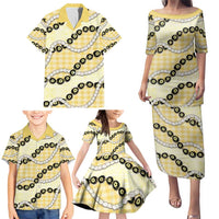 Yellow Palaka Hawaii Family Matching Puletasi and Hawaiian Shirt Kukui Nut Pikake Lei Hawaiian Tapa Pattern - Polynesian Pride