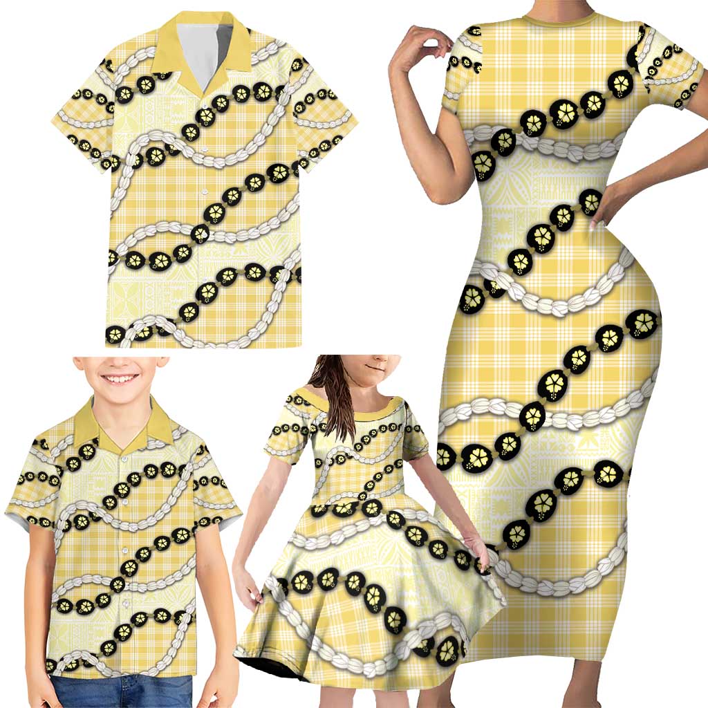 Yellow Palaka Hawaii Family Matching Short Sleeve Bodycon Dress and Hawaiian Shirt Kukui Nut Pikake Lei Hawaiian Tapa Pattern - Polynesian Pride