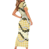 Yellow Palaka Hawaii Family Matching Short Sleeve Bodycon Dress and Hawaiian Shirt Kukui Nut Pikake Lei Hawaiian Tapa Pattern - Polynesian Pride