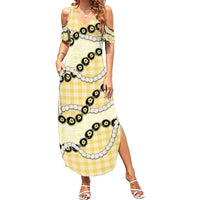 Yellow Palaka Hawaii Family Matching Summer Maxi Dress and Hawaiian Shirt Kukui Nut Pikake Lei Hawaiian Tapa Pattern - Polynesian Pride