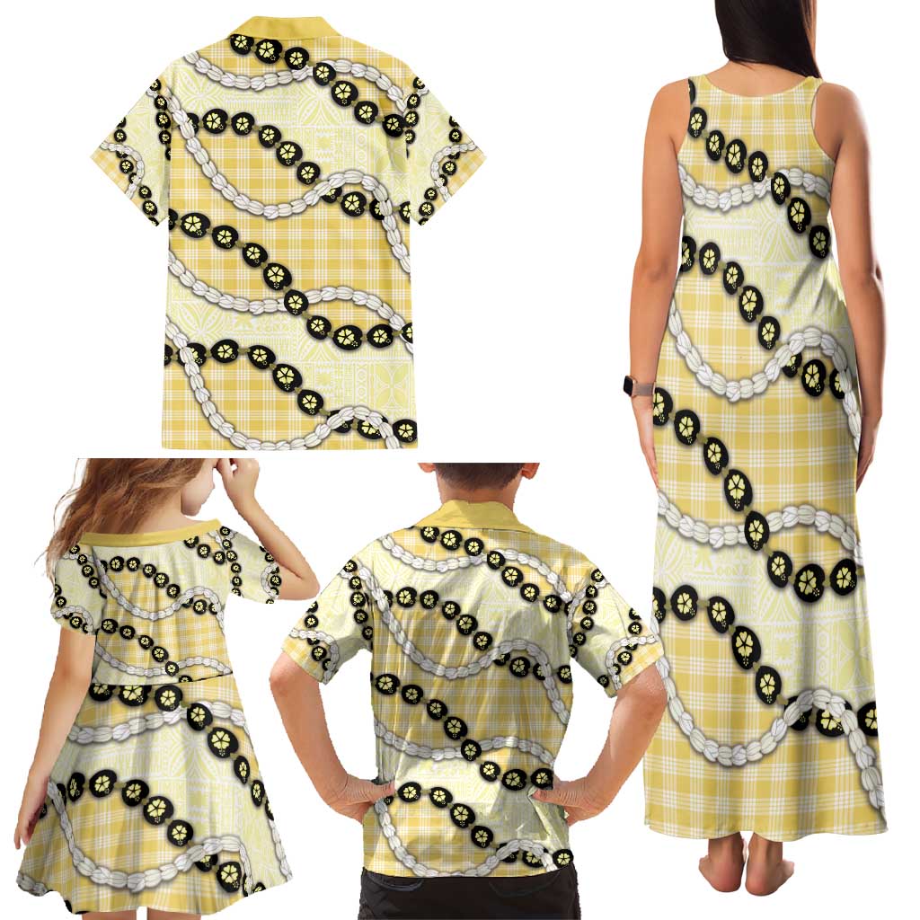 Yellow Palaka Hawaii Family Matching Tank Maxi Dress and Hawaiian Shirt Kukui Nut Pikake Lei Hawaiian Tapa Pattern - Polynesian Pride