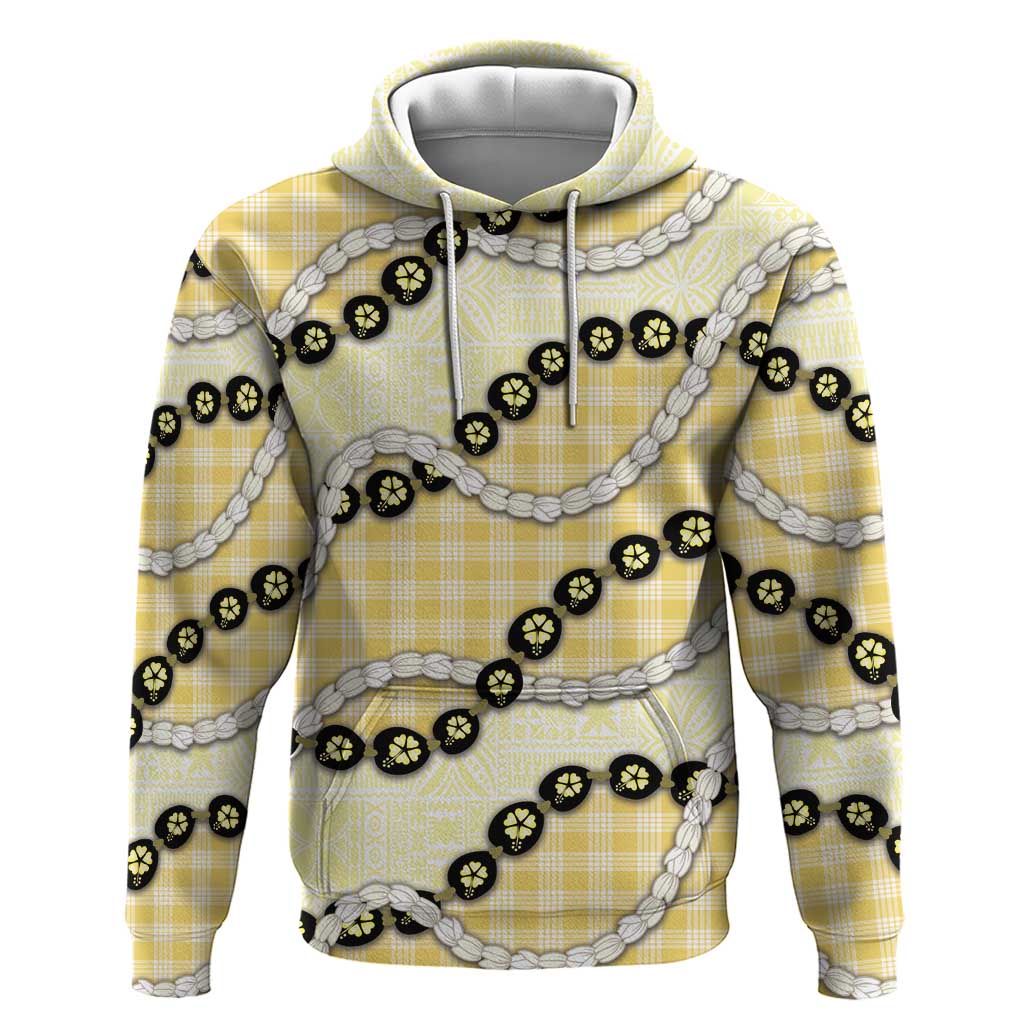 Yellow Palaka Hawaii Hoodie Kukui Nut Pikake Lei Hawaiian Tapa Pattern - Polynesian Pride