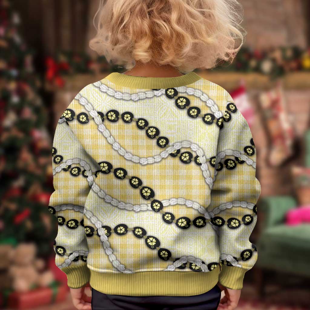 Yellow Palaka Hawaii Kid Ugly Christmas Sweater Kukui Nut Pikake Lei Hawaiian Tapa Pattern - Polynesian Pride