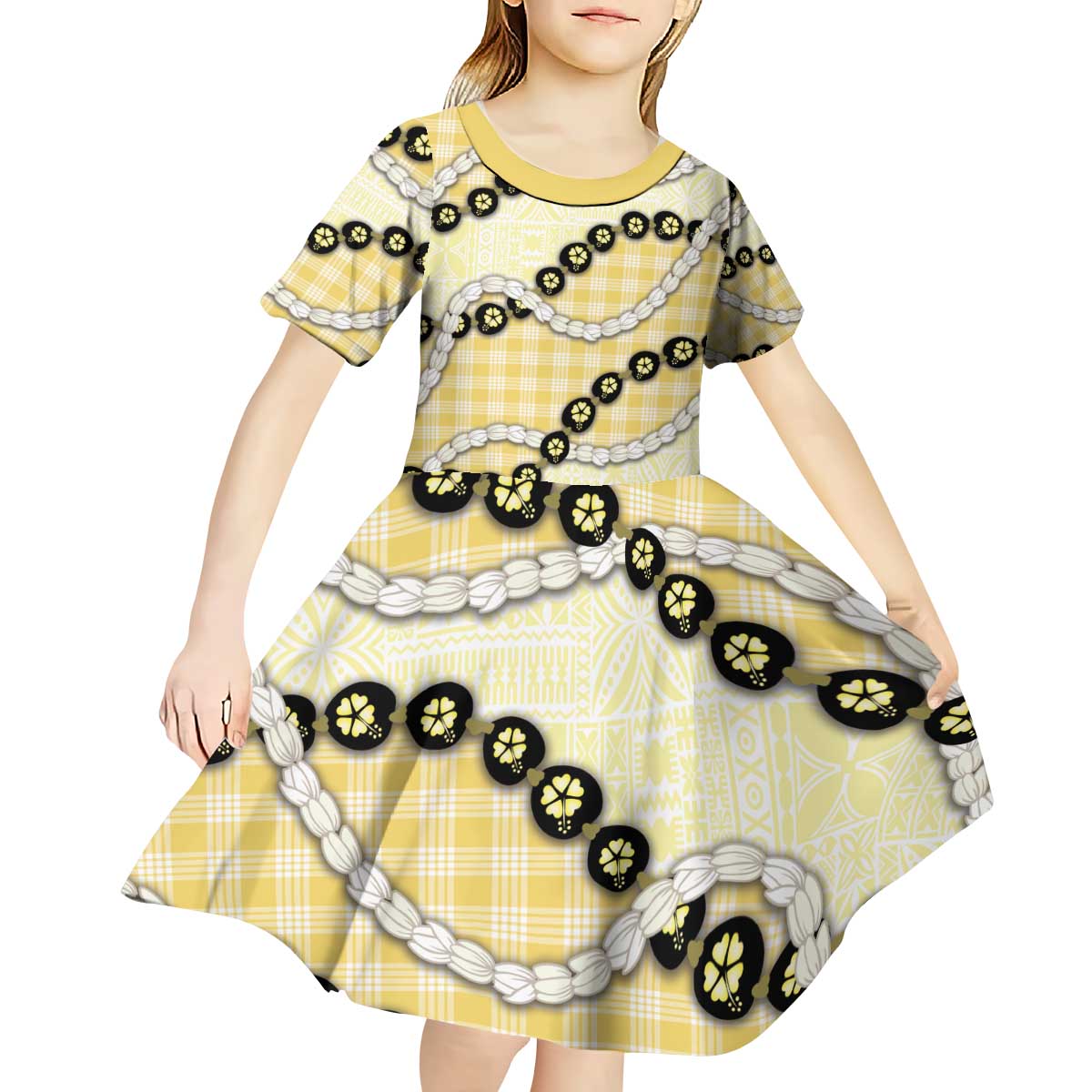 Yellow Palaka Hawaii Kid Short Sleeve Dress Kukui Nut Pikake Lei Hawaiian Tapa Pattern - Polynesian Pride