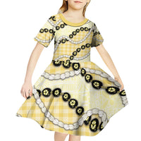 Yellow Palaka Hawaii Kid Short Sleeve Dress Kukui Nut Pikake Lei Hawaiian Tapa Pattern - Polynesian Pride
