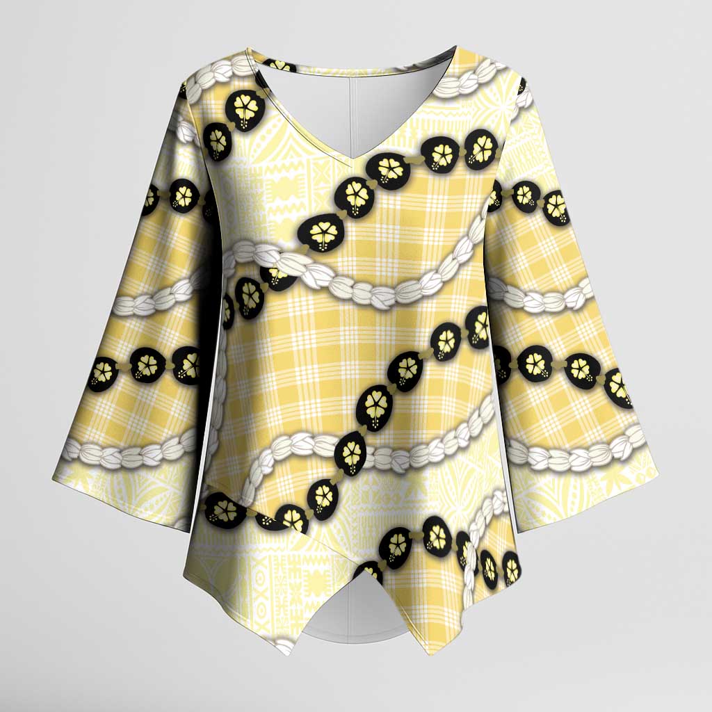 Yellow Palaka Hawaii Kimono Sleeve Blouse Kukui Nut Pikake Lei Hawaiian Tapa Pattern LT14 Female Yellow - Polynesian Pride