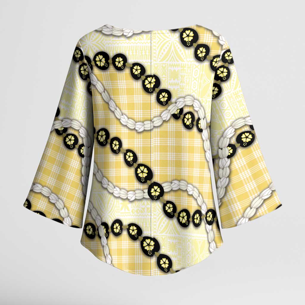 Yellow Palaka Hawaii Kimono Sleeve Blouse Kukui Nut Pikake Lei Hawaiian Tapa Pattern LT14 - Polynesian Pride
