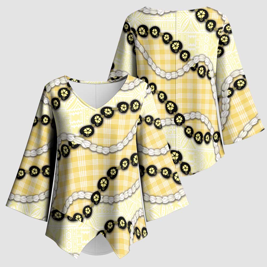 Yellow Palaka Hawaii Kimono Sleeve Blouse Kukui Nut Pikake Lei Hawaiian Tapa Pattern LT14 - Polynesian Pride