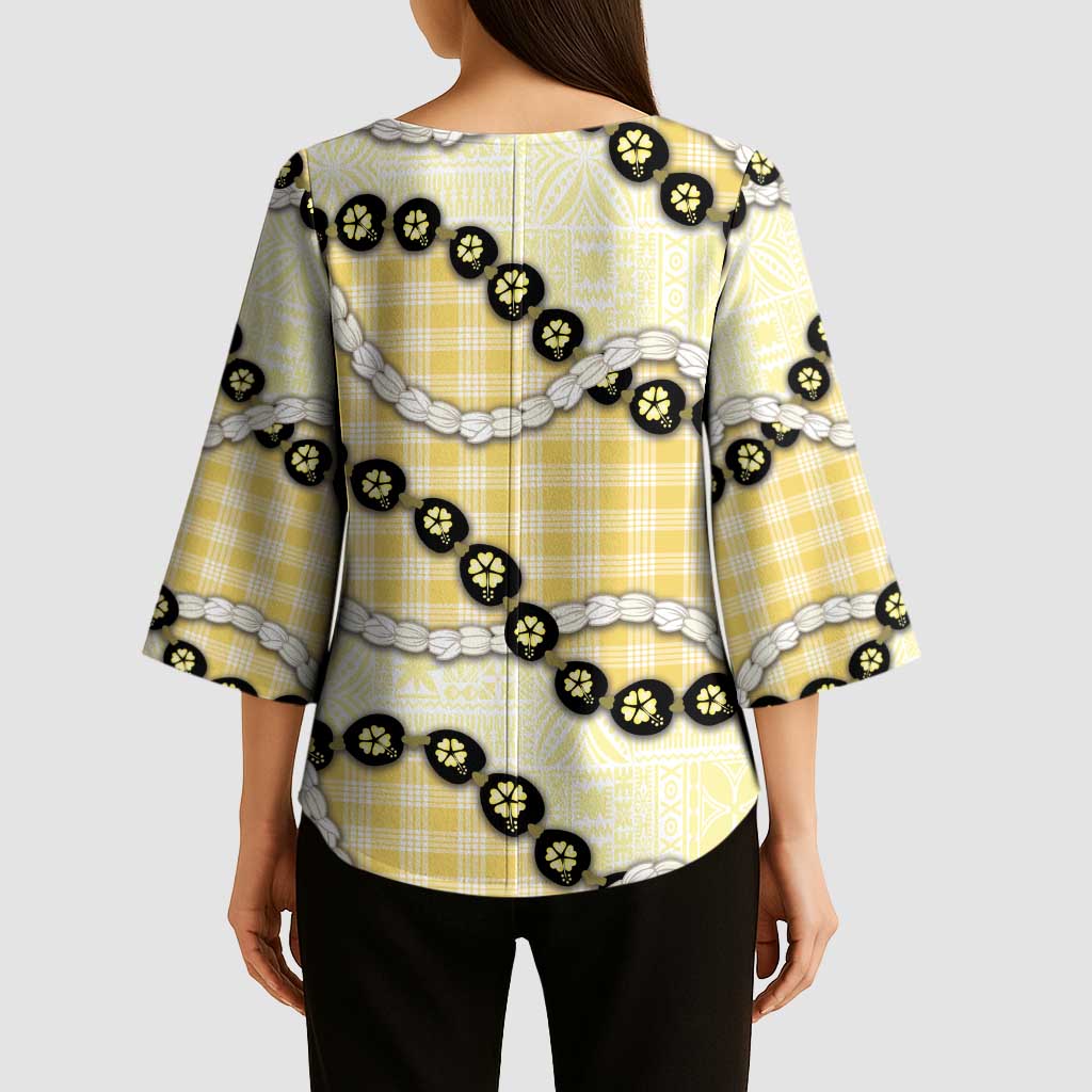 Yellow Palaka Hawaii Kimono Sleeve Blouse Kukui Nut Pikake Lei Hawaiian Tapa Pattern LT14 - Polynesian Pride