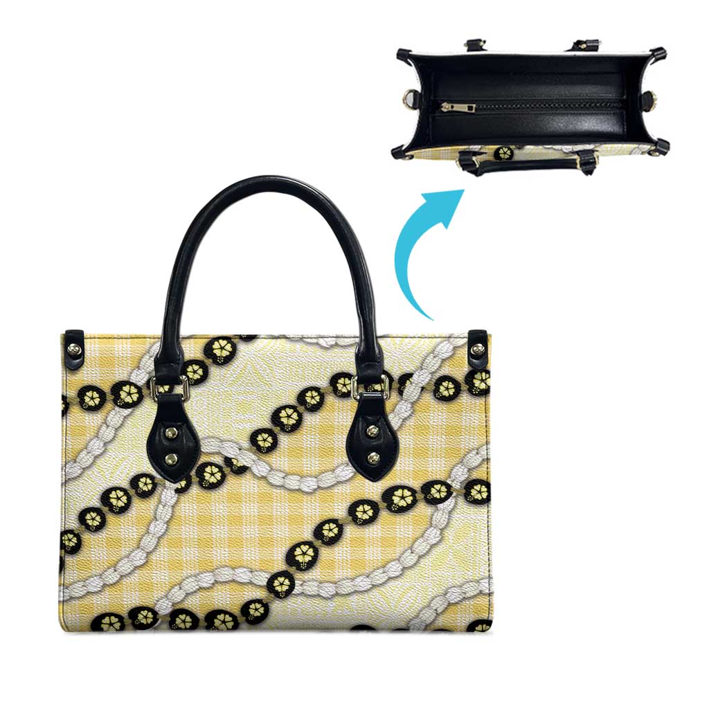 Yellow Palaka Hawaii Leather Bag Kukui Nut Pikake Lei Hawaiian Tapa Pattern - Polynesian Pride