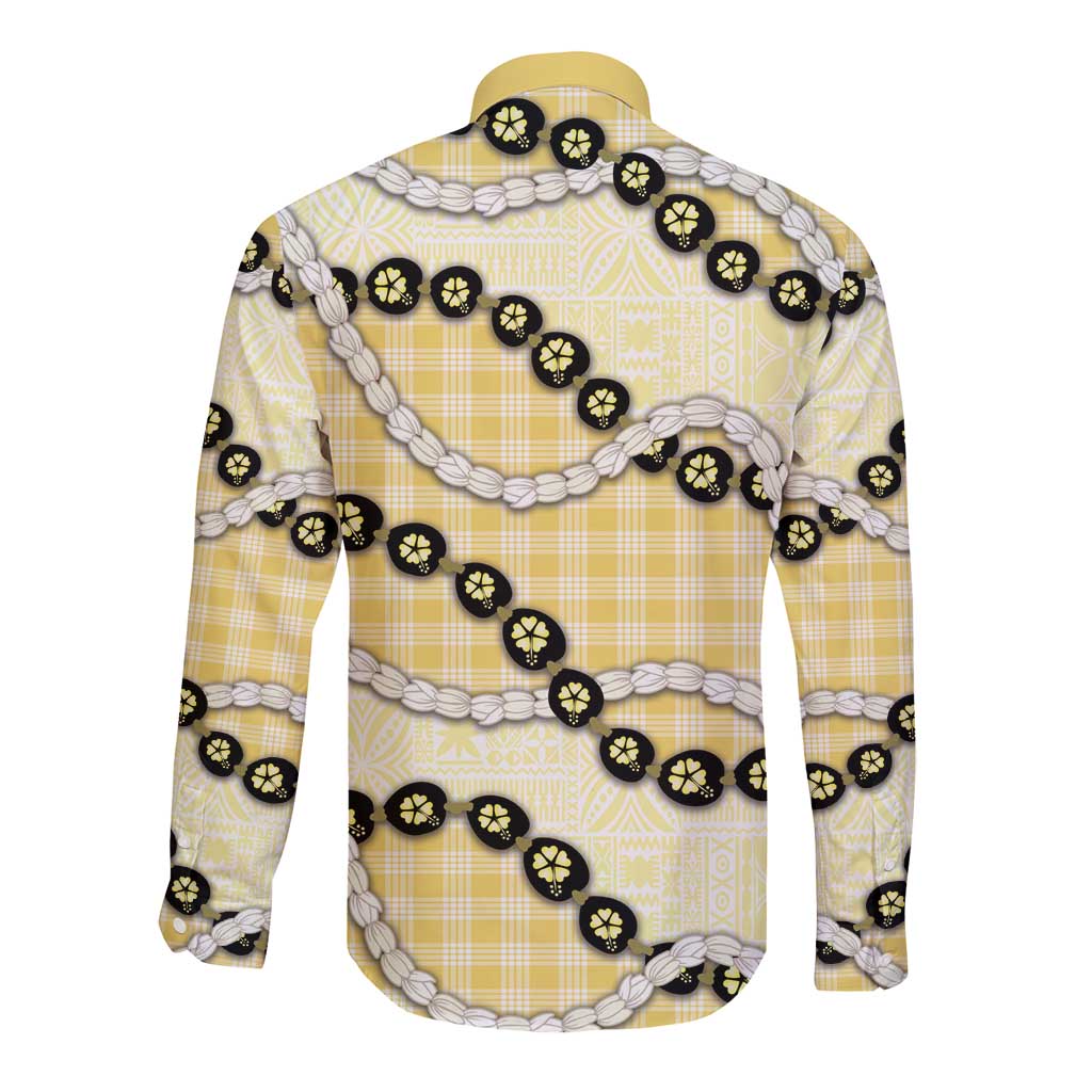 Yellow Palaka Hawaii Long Sleeve Button Shirt Kukui Nut Pikake Lei Hawaiian Tapa Pattern - Polynesian Pride