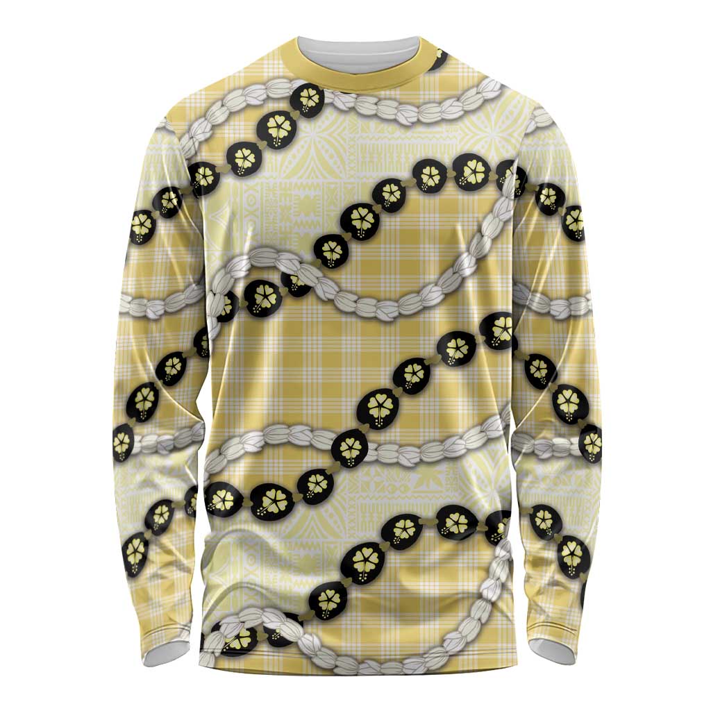 Yellow Palaka Hawaii Long Sleeve Shirt Kukui Nut Pikake Lei Hawaiian Tapa Pattern - Polynesian Pride