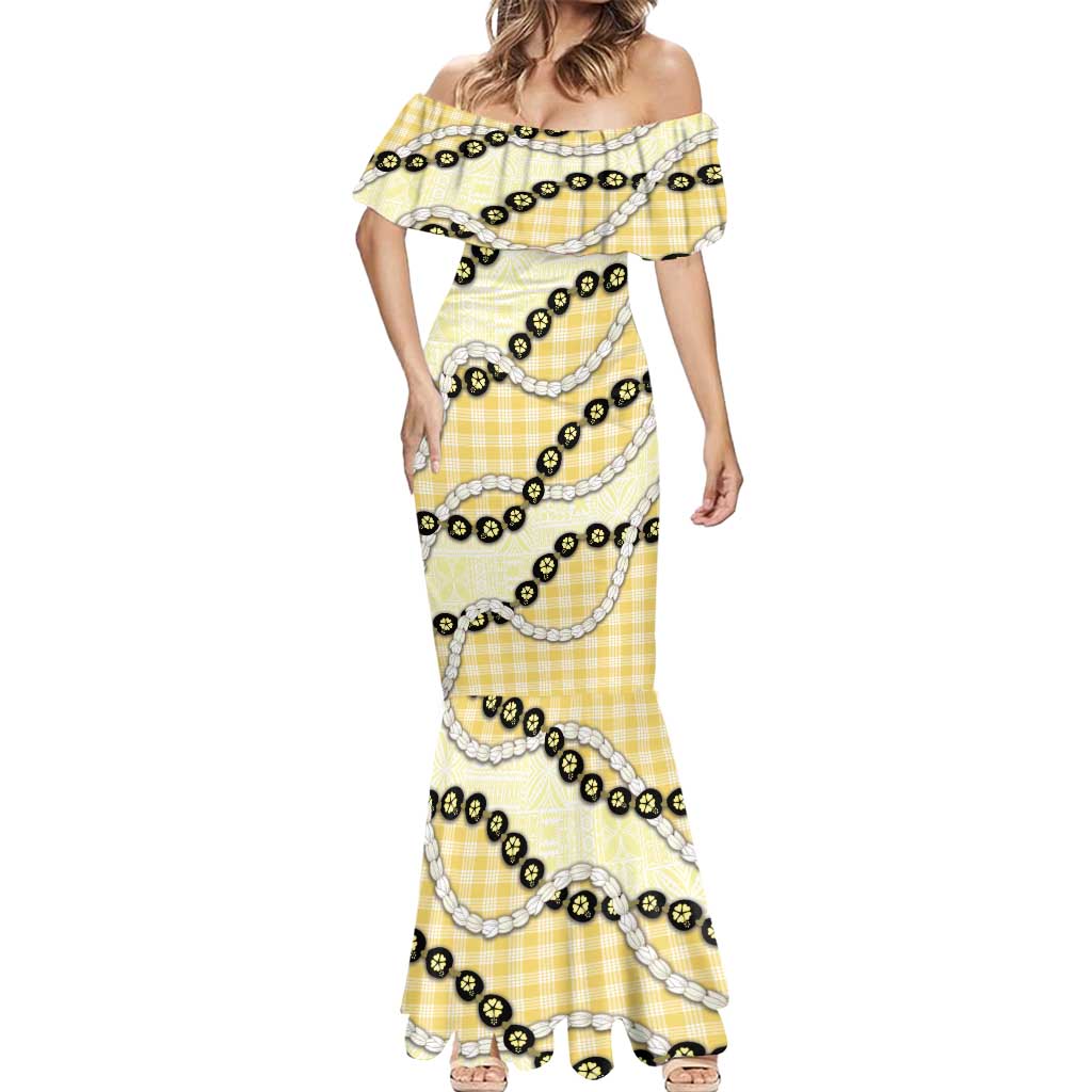Yellow Palaka Hawaii Mermaid Dress Kukui Nut Pikake Lei Hawaiian Tapa Pattern - Polynesian Pride