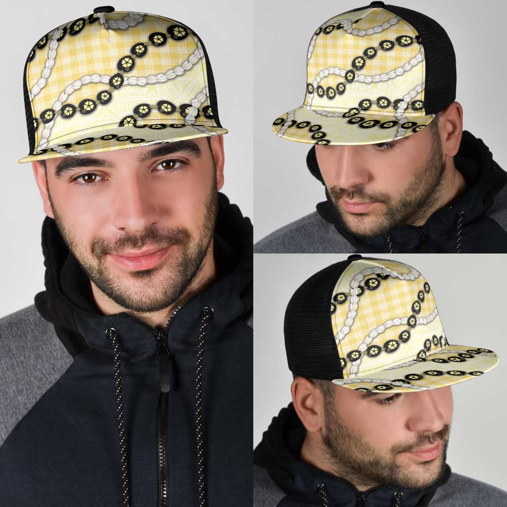 Yellow Palaka Hawaii Mesh Trucker Cap Kukui Nut Pikake Lei Hawaiian Tapa Pattern - Polynesian Pride