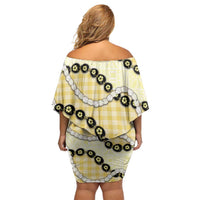 Yellow Palaka Hawaii Off Shoulder Short Dress Kukui Nut Pikake Lei Hawaiian Tapa Pattern - Polynesian Pride