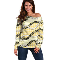 Yellow Palaka Hawaii Off Shoulder Sweater Kukui Nut Pikake Lei Hawaiian Tapa Pattern - Polynesian Pride