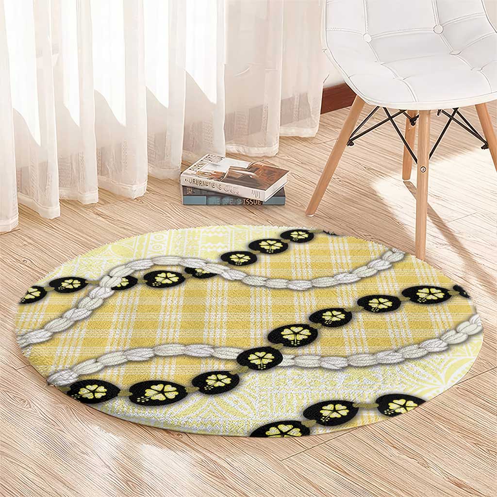 Yellow Palaka Hawaii Round Carpet Kukui Nut Pikake Lei Hawaiian Tapa Pattern - Polynesian Pride