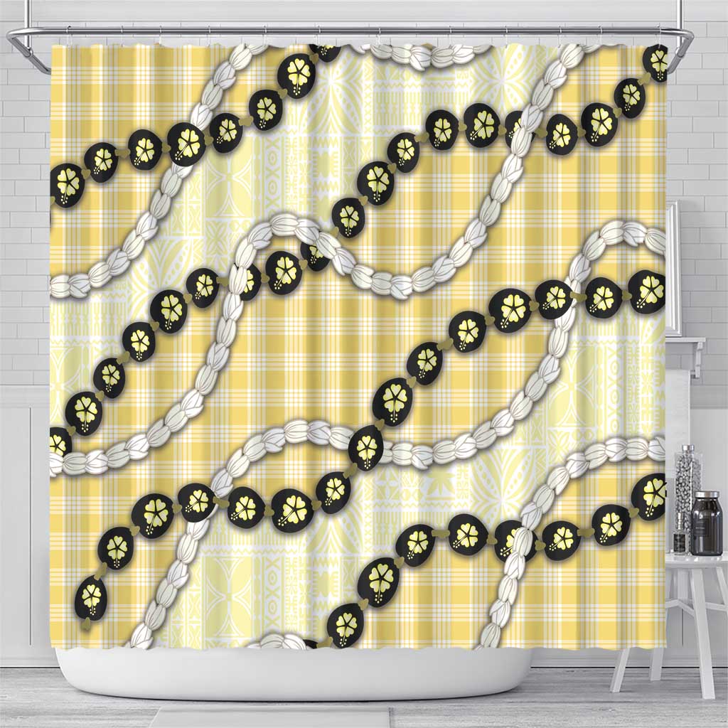 Yellow Palaka Hawaii Shower Curtain Kukui Nut Pikake Lei Hawaiian Tapa Pattern - Polynesian Pride