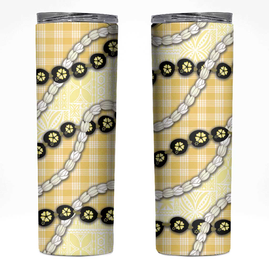 Yellow Palaka Hawaii Skinny Tumbler Kukui Nut Pikake Lei Hawaiian Tapa Pattern - Polynesian Pride