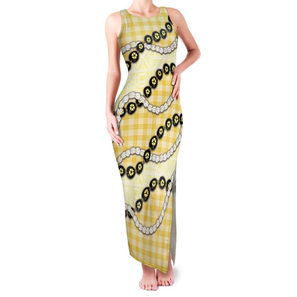 Yellow Palaka Hawaii Tank Maxi Dress Kukui Nut Pikake Lei Hawaiian Tapa Pattern - Polynesian Pride