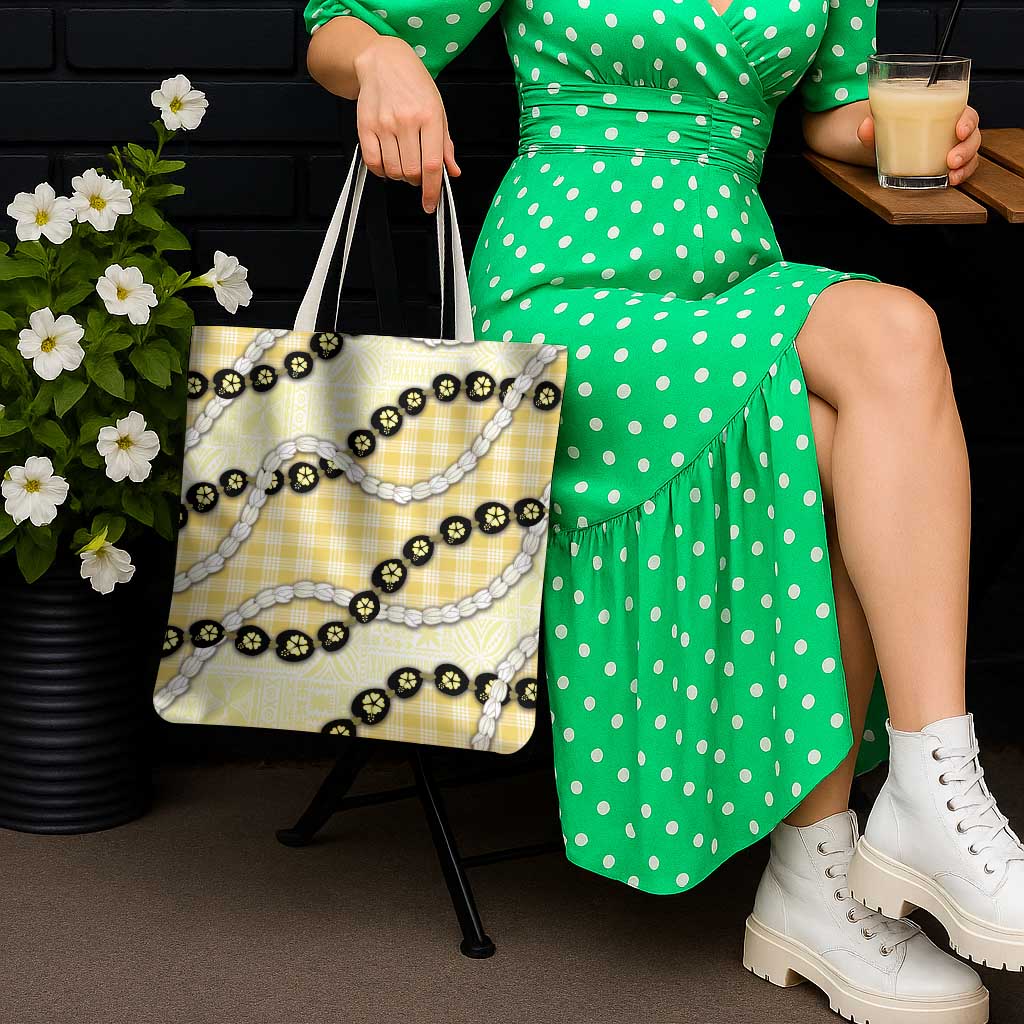 Yellow Palaka Hawaii Tote Bag Kukui Nut Pikake Lei Hawaiian Tapa Pattern - Polynesian Pride
