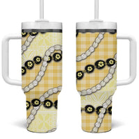 Yellow Palaka Hawaii Tumbler With Handle Kukui Nut Pikake Lei Hawaiian Tapa Pattern LT14 One Size: 40 oz Yellow - Polynesian Pride