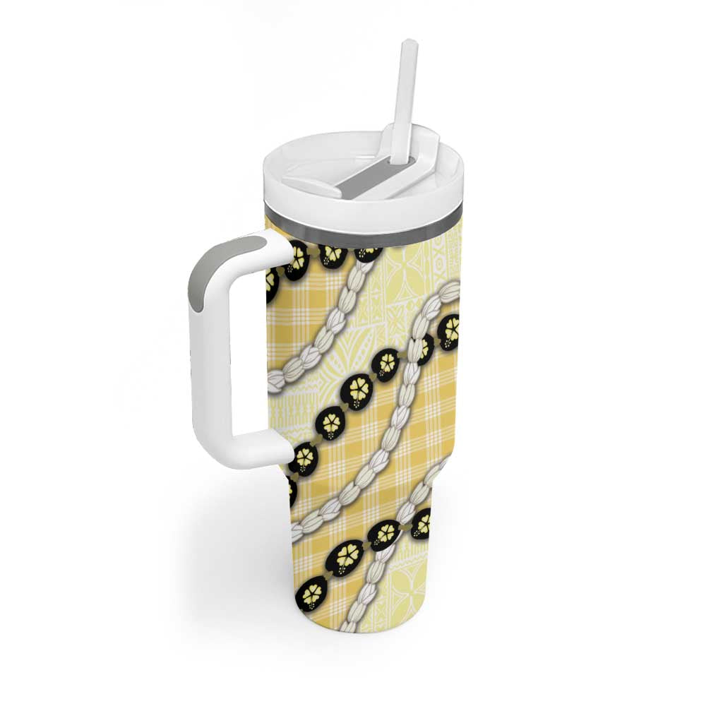 Yellow Palaka Hawaii Tumbler With Handle Kukui Nut Pikake Lei Hawaiian Tapa Pattern LT14 - Polynesian Pride