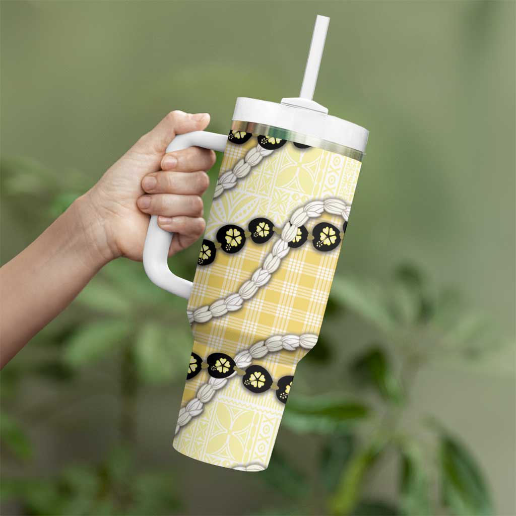 Yellow Palaka Hawaii Tumbler With Handle Kukui Nut Pikake Lei Hawaiian Tapa Pattern LT14 - Polynesian Pride