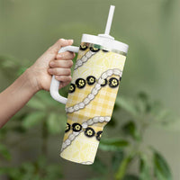 Yellow Palaka Hawaii Tumbler With Handle Kukui Nut Pikake Lei Hawaiian Tapa Pattern LT14 - Polynesian Pride