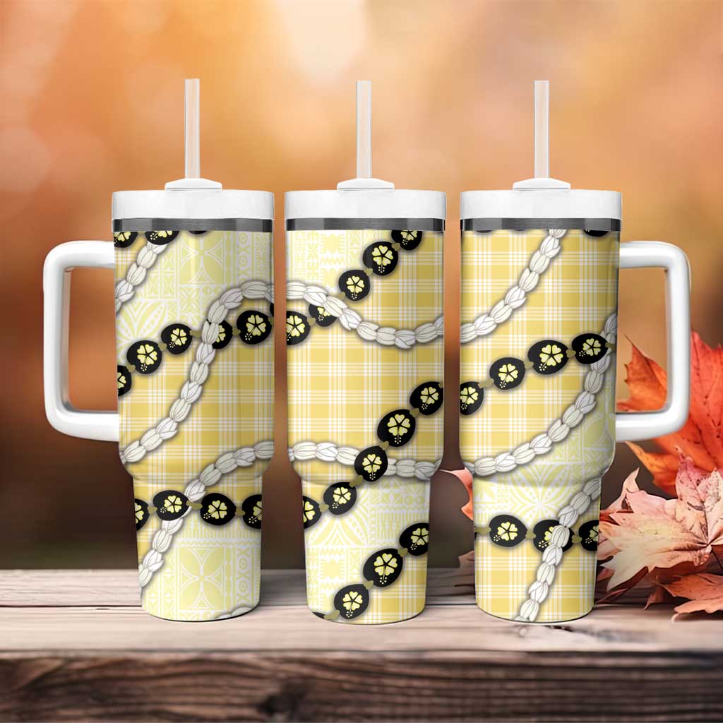 Yellow Palaka Hawaii Tumbler With Handle Kukui Nut Pikake Lei Hawaiian Tapa Pattern LT14 - Polynesian Pride