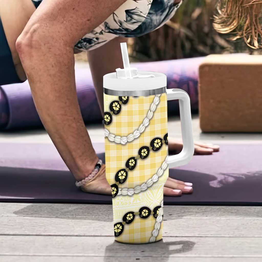 Yellow Palaka Hawaii Tumbler With Handle Kukui Nut Pikake Lei Hawaiian Tapa Pattern LT14 - Polynesian Pride