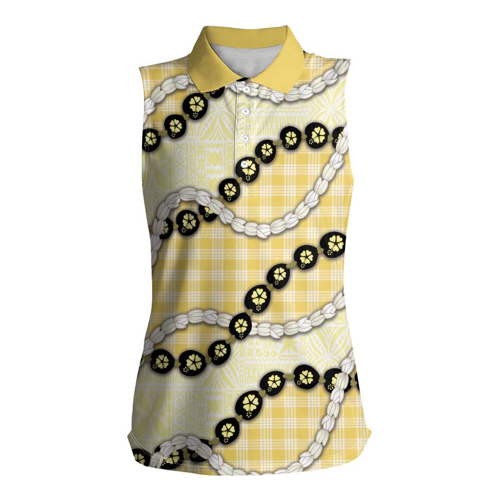 Yellow Palaka Hawaii Women Sleeveless Polo Shirt Kukui Nut Pikake Lei Hawaiian Tapa Pattern - Polynesian Pride