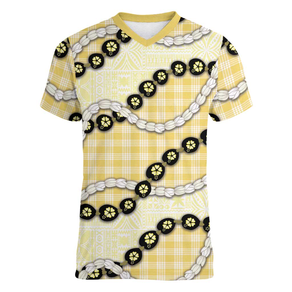 Yellow Palaka Hawaii Women V-Neck T-Shirt Kukui Nut Pikake Lei Hawaiian Tapa Pattern - Polynesian Pride